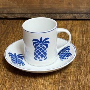 Vintage Leart Demitasse Cup & Saucer White Porcelain Blue Pineapple